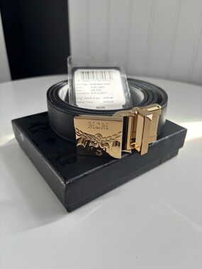 MCM Black Leather Belt with Gold Signature Buckle